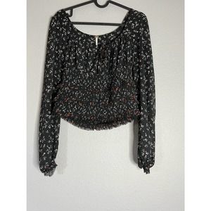 Free People Smocked Floral Ditsy Keyhole Peasant Top Womens small Black White